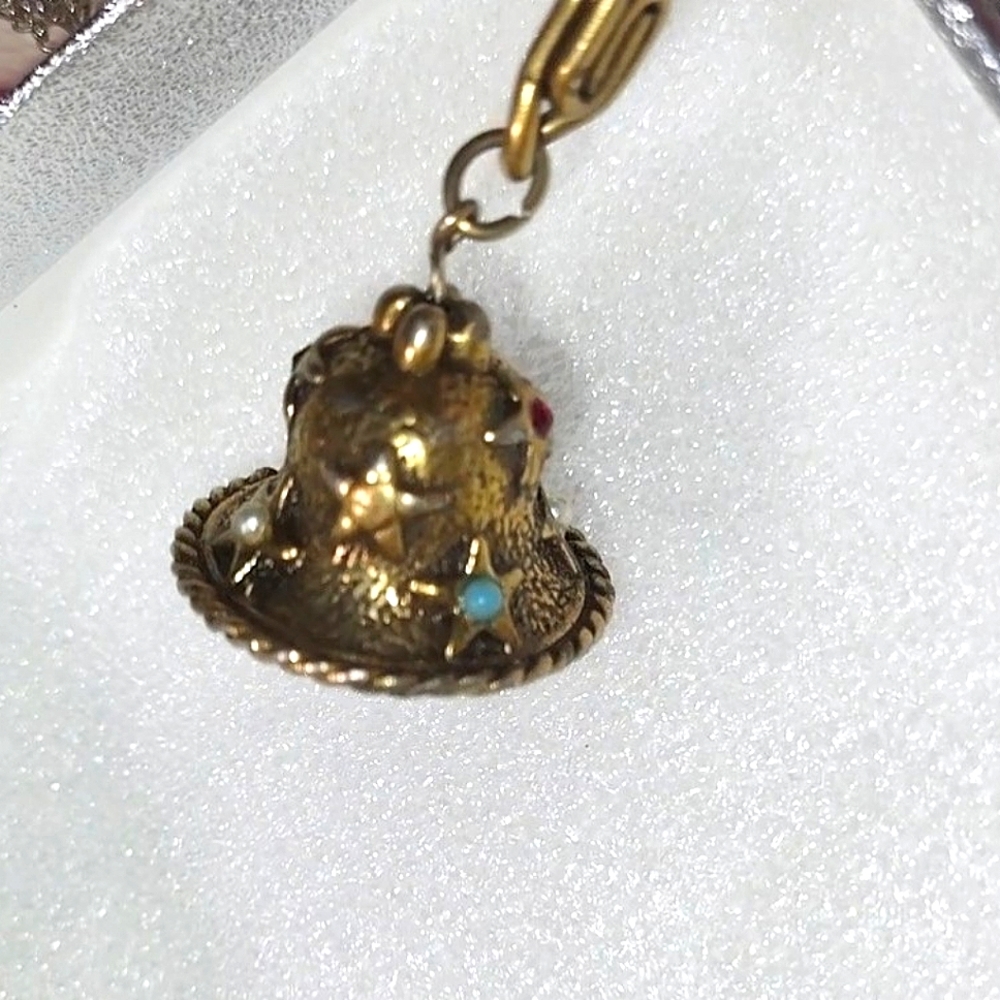 Antique Brass Key Chain Jeweled Bell with Pearl Bead